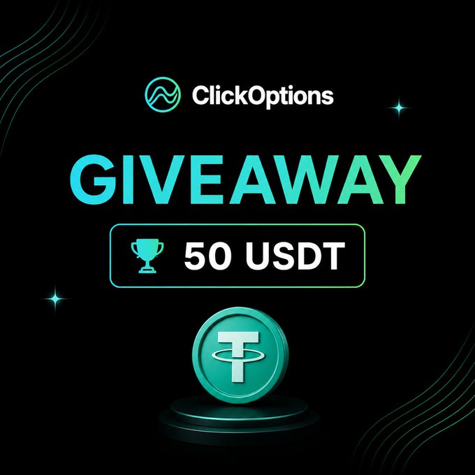 A promotional image for ClickOptions featuring a "GIVEAWAY" of 50 USDT, displayed with the platform's logo, a trophy icon, and a 3D teal Tether coin on a black background, matching the accompanying post about a social media contest for demo trading participants.