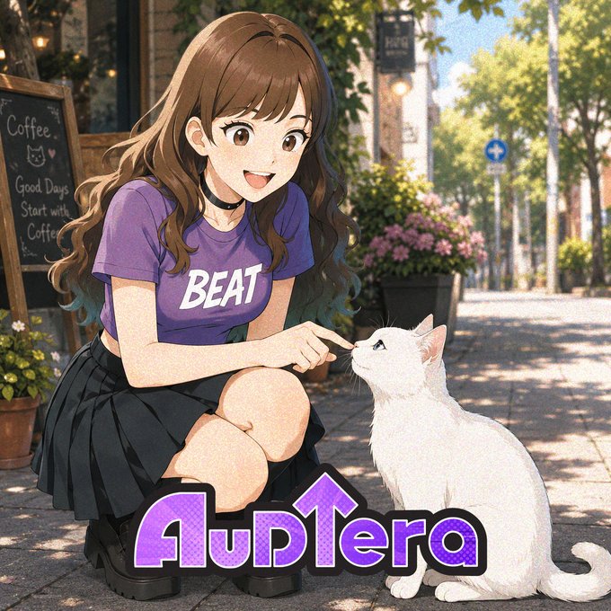 The image features an anime character wearing a purple shirt with the word "Beat" written on it, kneeling down next to a white cat that appears to be licking her hand. The background of the image shows a city street lined with trees and buildings. The post is titled "audena", which seems to be related to the anime or the character's actions in some way.