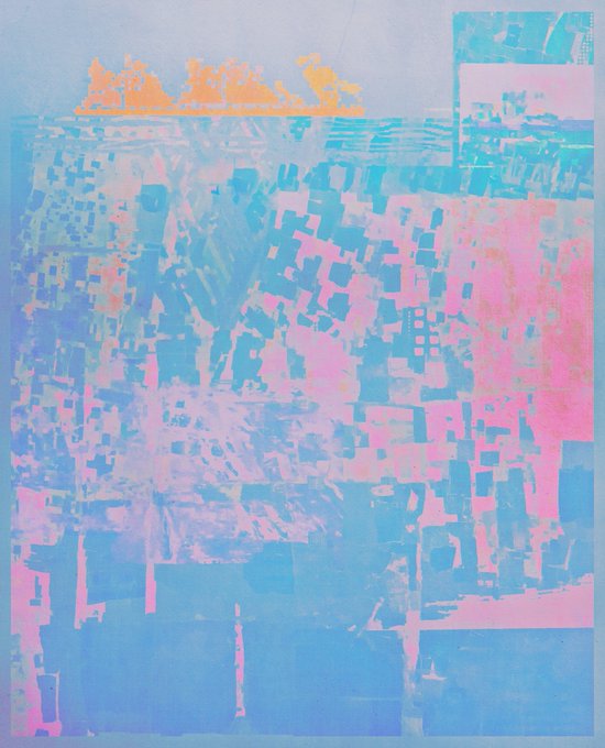 An abstract digital artwork featuring textured, pixelated blocks of blue, pink, and cyan with an orange streak across the top.