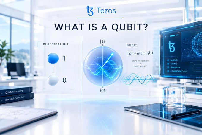An infographic titled 'WHAT IS A QUBIT?' with the Tezos logo, comparing a classical bit to a qubit with a Bloch sphere.