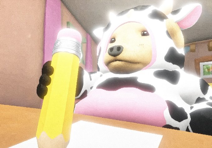 A 3D-rendered cartoon character dressed in a cow costume with pink accents holds up a large yellow pencil in a classroom-like setting.