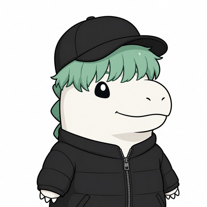 A cute cartoon illustration of a small dinosaur character wearing a black puffer jacket and a black baseball cap.