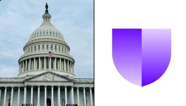 The image is split, showing the U.S. Capitol building on the left and a purple shield logo on the right. This visually represents the post's message about over 1 million messages sent to Congress urging passage of the CLARITY Act, with the Capitol symbolizing lawmakers and the shield representing the coordinated defense of crypto interests.