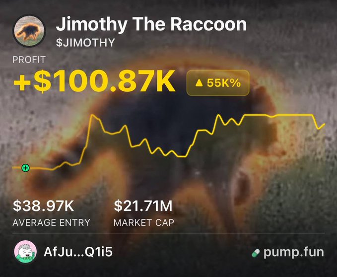 The image shows a trading dashboard for the $JIMOTHY token ("Jimothy The Raccoon") on pump.fun, displaying a profit of +$100.87K with a 55K% gain, a $21.71M market cap, and a $38.97K average entry. This visualizes the post's claim of a trader turning a small investment into over $100K in profit on the Jimothy token.