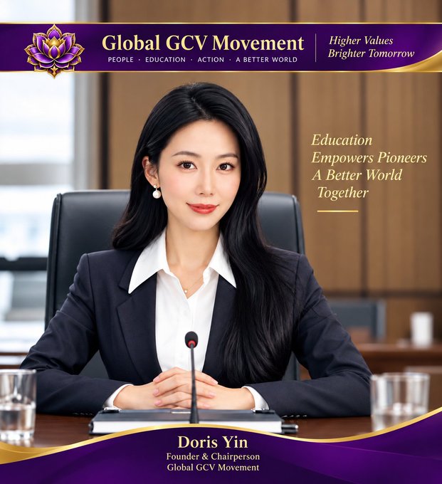Doris Yin, Founder & Chairperson of the Global GCV Movement, is shown seated at a conference desk in a professional black blazer and white blouse, with the organization's purple banner above reading "Global GCV Movement – People, Education, Action, A Better World" and "Higher Values, Brighter Tomorrow," alongside the tagline "Education Empowers Pioneers, A Better World Together." The image visually reinforces her role as the authoritative voice behind the official declaration, lending credibility and a personal face to the organization's warning message directed at GCV pioneers, leaders, merchants, and community members worldwide.