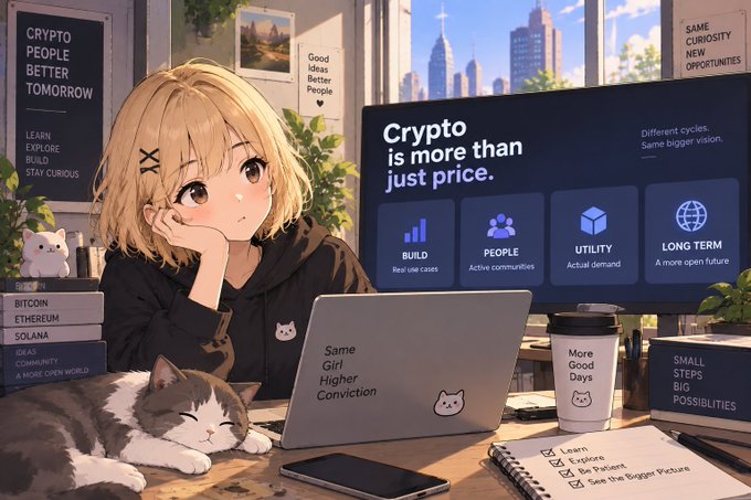 An anime-style illustration of a blonde girl sitting at a desk with a laptop and cat, with a monitor displaying "Crypto is more than just price" alongside icons for BUILD, PEOPLE, UTILITY, and LONG TERM.