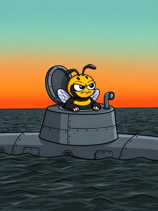 A cartoon illustration of an angry bee emerging from the conning tower of a submarine, set against a vibrant sunset over the ocean.