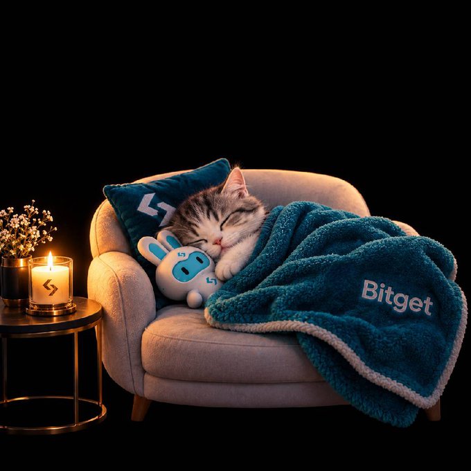 A small kitten sleeps peacefully on a beige armchair, cuddled with a blue Bitget-branded plush toy and blanket, illuminated by a warm candle on a side table.