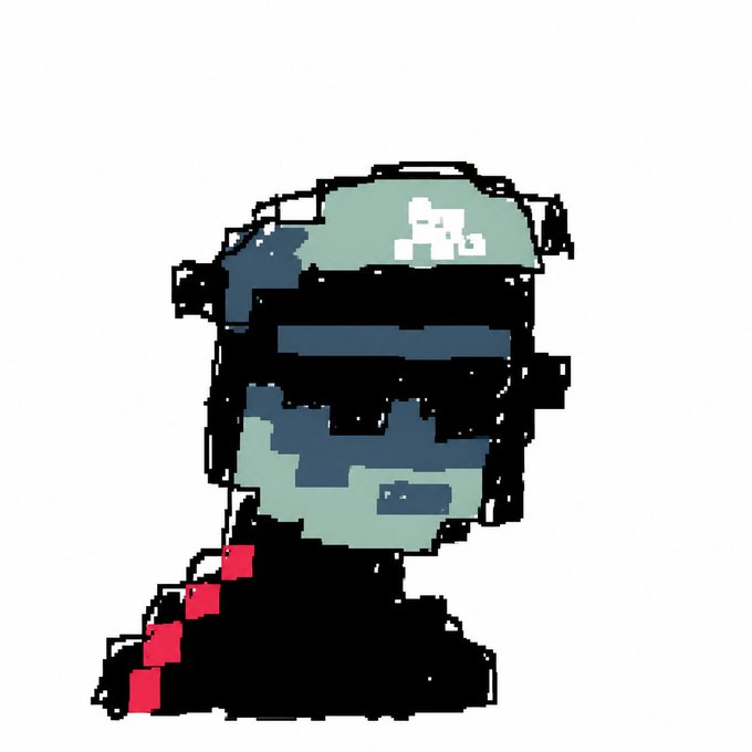 A pixelated/glitch-style illustration of a helmeted figure with a dark visor and red scarf against a gray background, with distorted digital artifacts.