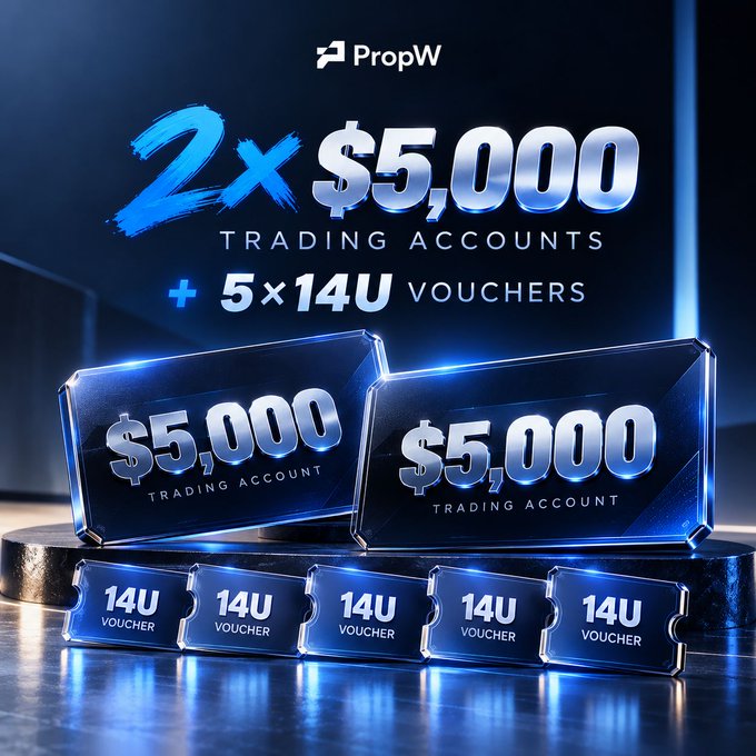 Promotional image from PropW announcing a giveaway of 2x $5,000 Trading Accounts and 5x 14U Vouchers, featuring glowing blue voucher graphics that visually represent the prizes mentioned in the contest post.