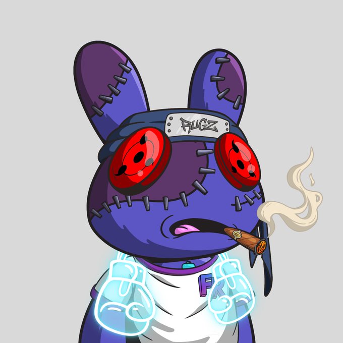 A cartoon-style stitched purple bunny character with red button eyes, a headband reading "RUGZ," and a smoking cigar wears a shirt partially displaying "F...K," matching the "Legacy NFTs matter est. 2022 RugDollz" branding of the project.