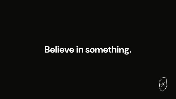 A minimalist black-and-white Nike ad displays the bold text "Believe in something." in the center, with the iconic Nike Swoosh logo in the bottom right corner—connecting to the "Higher" caption by conveying the brand's message of striving, conviction, and rising above.