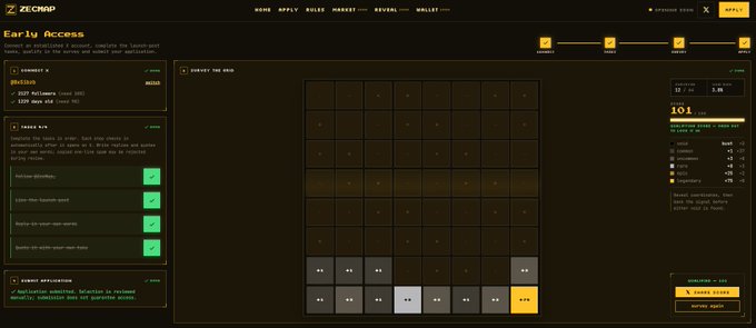 Screenshot of the ZECHAIN crypto game interface showing a 6x6 grid for guessing tile prices, with a current bid of 101 and an option to spend 200 Z to guess again.
