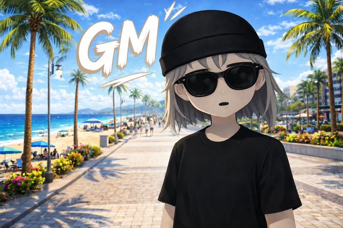 An anime-style character with grey hair, a black beanie, and sunglasses stands against a beachside promenade with palm trees, accompanied by the text 'GM'.
