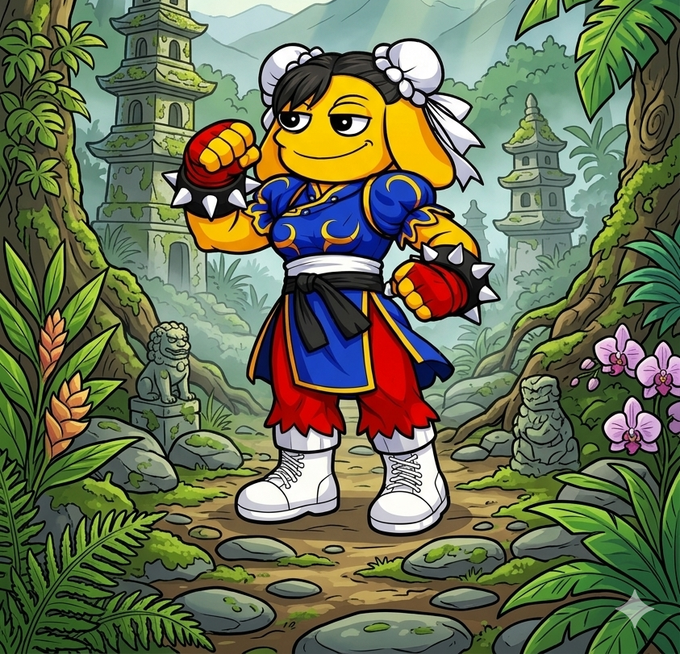 An illustration of Chun-Li from Street Fighter reimagined in an anime style, wearing her signature blue qipao with spiked boxing gloves, standing in a lush jungle setting with Asian temples and stone lion statues.