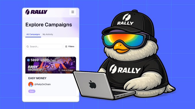 The image features a cartoon bird wearing sunglasses and a baseball cap sitting at a laptop, with text that reads "Explore campaigns" and "Easy money". The background of the image is blue, and there are two posts related to the image on social media platforms. One post talks about farming airdrops and chasing points, while the other post discusses how creators on XROnchain are getting paid for their work.