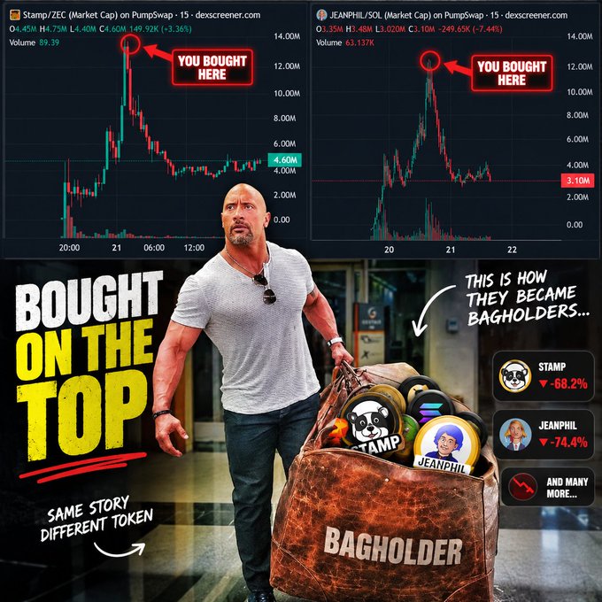 A man labeled "BAGHOLDER" carries a bag filled with $STAMP (-68.2%) and $JEANPHIL (-74.4%) tokens, with candlestick charts above marking the peaks where buyers "BOUGHT HERE," illustrating how holders of PumpSwap tokens like STAMP/ZEC and JEANPHIL/SOL are left holding worthless bags.
