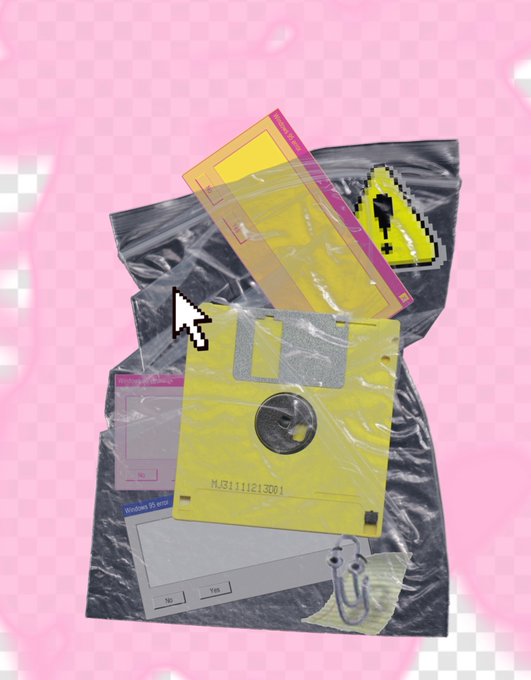 A digital collage on a pink checkered background featuring vintage floppy disks, a pixelated cursor arrow, and a pixelated icon, evoking retro computing aesthetics.