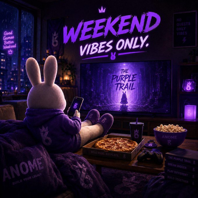 A promotional image features the text "WEEKEND VIBES ONLY" above a bunny character watching "THE PURPLE TRAIL" on TV, surrounded by snacks, an ANOME branded bowl, and merchandise.