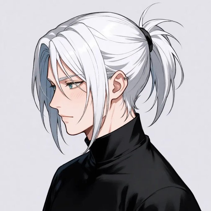 An anime-style profile illustration of a character with white hair tied in a ponytail, wearing a black high-neck outfit.