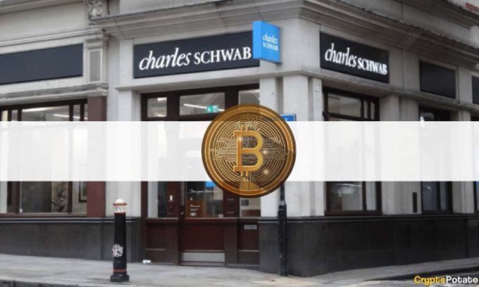 The image shows a Charles Schwab branch with "charles SCHWAB" signage, overlaid with a large gold Bitcoin logo, visually tying the post's announcement of Schwab's $13 trillion firm opening Bitcoin trading to its 40 million clients. The composition directly links the traditional Wall Street institution's branding with the cryptocurrency symbol to illustrate Bitcoin's mainstream financial integration.