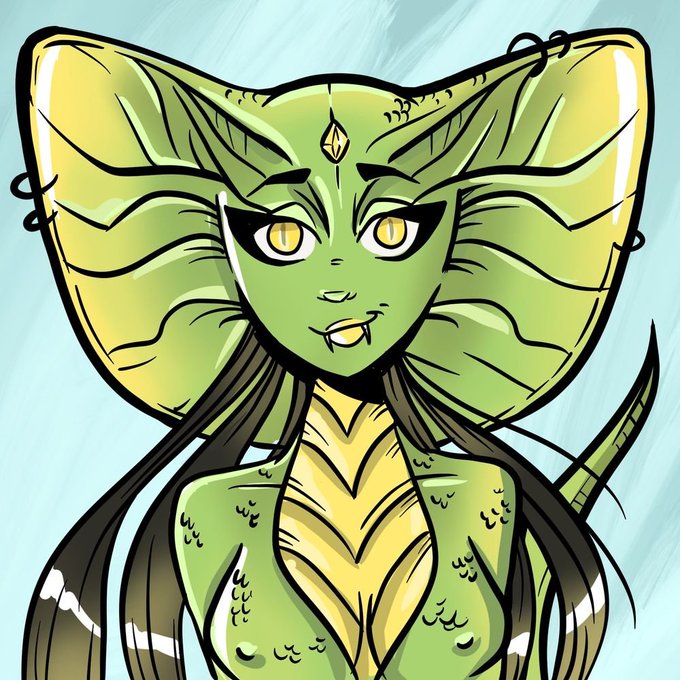 An illustration features a green, reptilian humanoid female character with a large, fan-like head structure and yellow eyes.