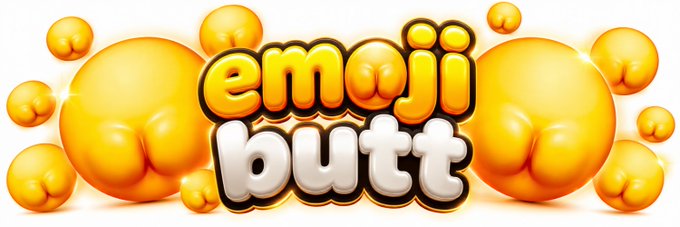 A graphic logo reading 'emoji butt' in stylized gold and silver text, surrounded by 3D-rendered peach emoji buttocks.
