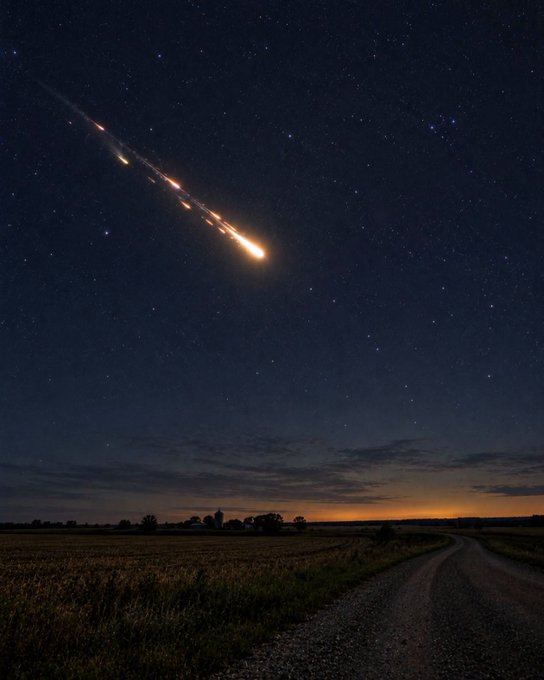 A dramatic night sky featuring a bright meteor or fireball streaking across a star-filled sky above a rural landscape with a dirt road and farm buildings silhouetted on the horizon.