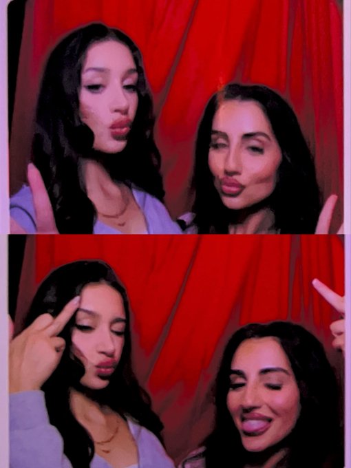 Two-panel photo of two young women with long dark hair posing against a red curtain backdrop, pouting their lips and making playful hand gestures.