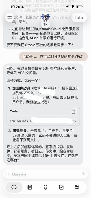 A Chinese messaging app conversation discussing SSH access to servers, including a command line example "ssh-ed25519 A..." for adding a public key to VPS authentication.