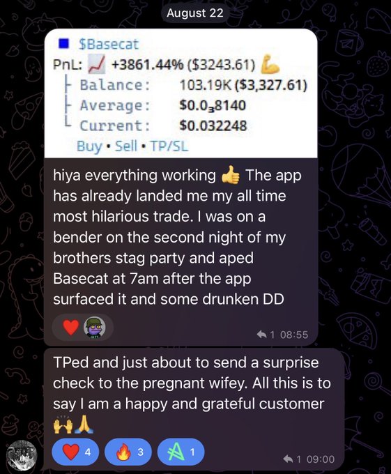 A Telegram message dated August 22 shows a screenshot of a $Basecat trade with a +3861.44% profit ($3,243.61), where the user excitedly reports making their "all time most hilarious trade" while drunk at their brother's stag party, and is now taking profits to send a surprise check to their pregnant wife as a grateful customer.