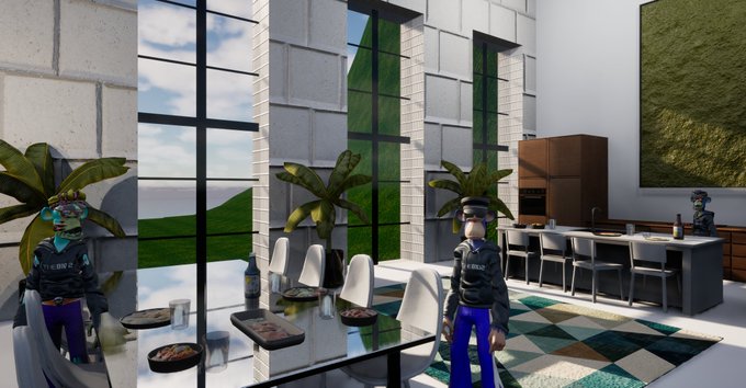 A 3D-rendered modern interior scene showing two Roblox-style characters with animal masks in a dining room with large windows, a kitchen island, and potted plants.