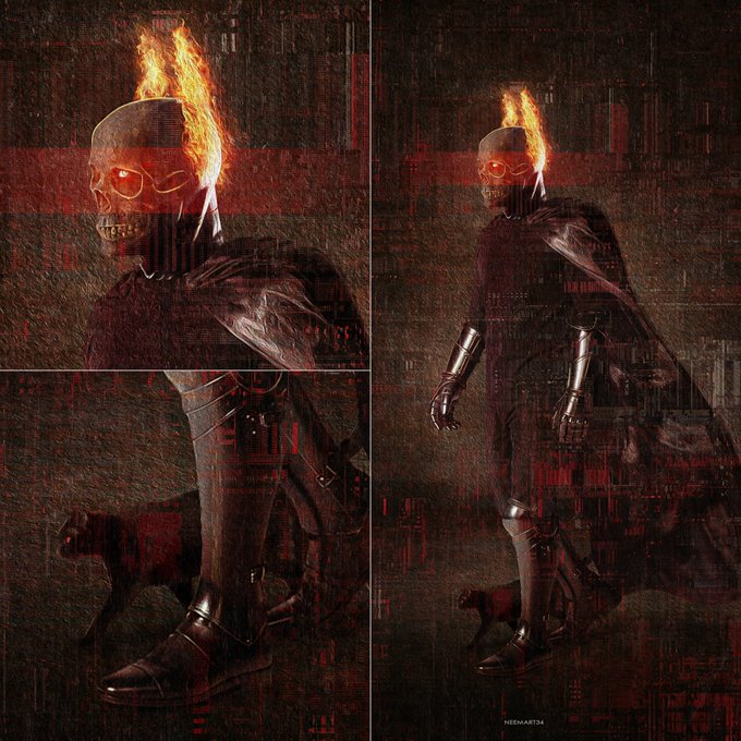 A three-panel dark fantasy character sheet showing a skeletal figure with a flaming skull, wearing a dark cloak and metallic armor, with a panther companion, rendered in red and black tones and watermarked "NEEDMART34".