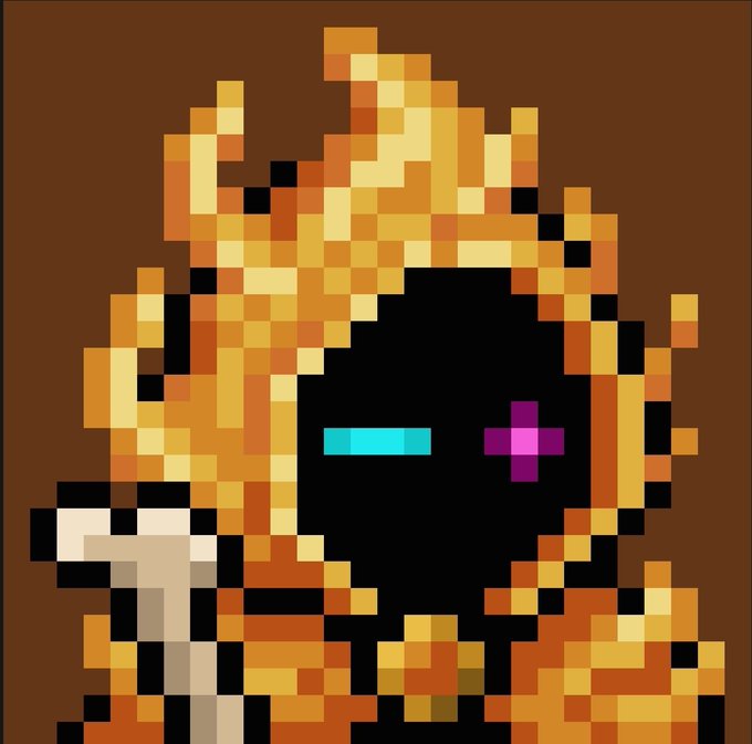 A pixel art character with flames and a glowing purple eye is depicted in an orange and black color scheme.
