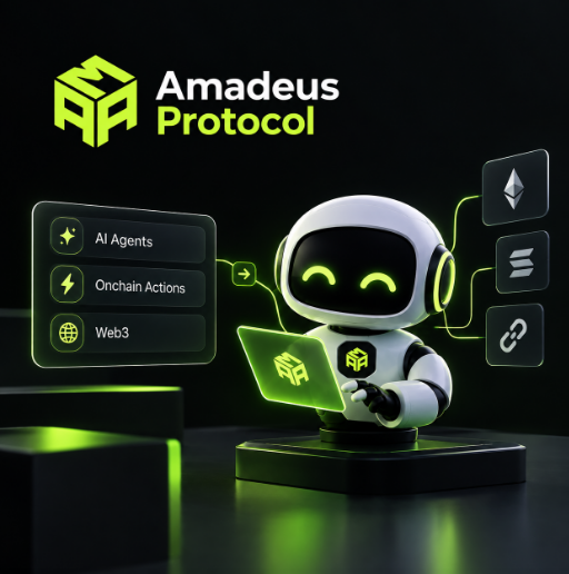 Promotional artwork for 'Amadeaus Protocol' featuring a 3D robot character with a laptop, highlighting 'AI Agents', 'Onchain Actions', and 'Web3' capabilities.