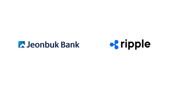 The image features the Jeonbuk Bank logo alongside the Ripple logo, visually representing the Korean bank's partnership with Ripple's payment technology to enable 24/7 cross-border settlement as an alternative to traditional SWIFT systems.