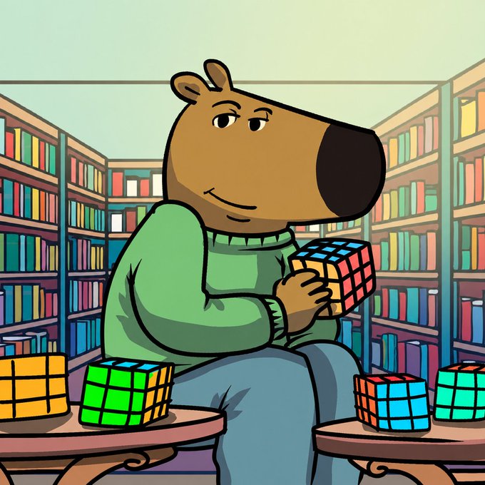 A cartoon capybara wearing a green sweater sits at a table surrounded by Rubik's cubes, holding one cube in its hands with bookshelves in the background.