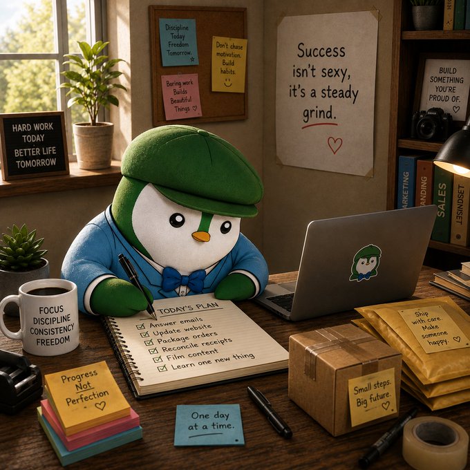 A cute penguin mascot in a green cap and blue bowtie diligently works at a desk filled with motivational notes like "Discipline Today Freedom Tomorrow" and "Success isn't sexy, it's a steady grind," while checking off items on a "TODAY'S PLAN" list beside a laptop. The scene perfectly embodies the post's message—capturing the steady grind of someone still working hard on a Saturday while others relax.