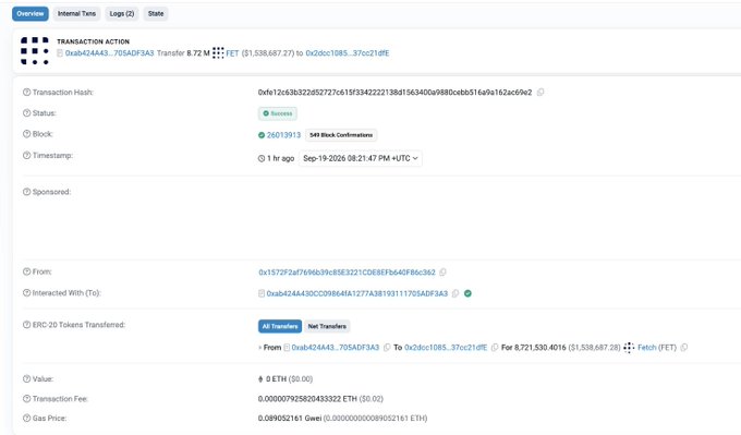 A blockchain transaction details page showing an ERC-20 token transfer with a 'Success' status, block confirmation number 26013913, and a transaction fee of 0.000007925820453322 ETH.