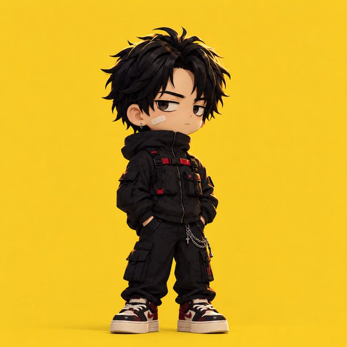 A chibi-style cartoon character with messy black hair and a small bandage on their cheek wears a black tactical outfit with red accents and red sneakers against a yellow background.