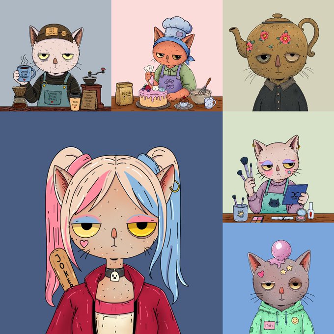 A collage of cartoon illustrations featuring various cat characters and a teapot with human-like features, including one with pink and blue pigtails holding a baseball bat.