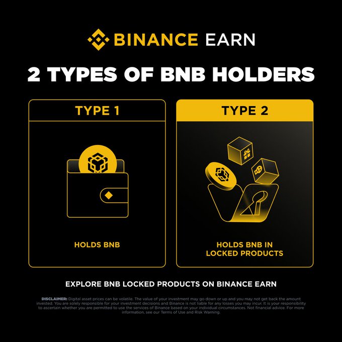 A Binance Earn promotional graphic titled "2 TYPES OF BNB HOLDERS" contrasts "TYPE 1: HOLDS BNB" (shown with a wallet icon) against "TYPE 2: HOLDS BNB IN LOCKED PRODUCTS" (depicted with locked boxes and an upward arrow), encouraging viewers to explore BNB Locked Products on Binance Earn via the linked URL.