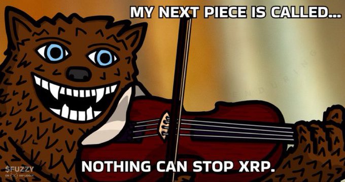 A cartoon meme featuring a smiling werewolf playing the violin with text reading 'MY NEXT PIECE IS CALLED... NOTHING CAN STOP XRP.'