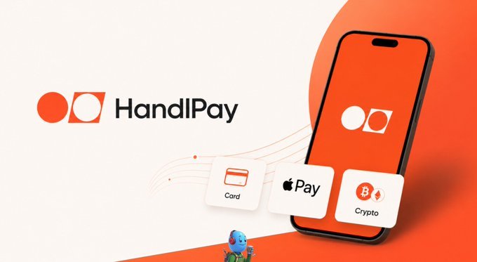 The image is a promotional graphic for HandlPay featuring the brand's orange logo, a smartphone displaying the HandlPay app, and icons representing its payment options: Card, Apple Pay, and Crypto. The graphic visually reinforces the post's focus on HandlPay's privacy-centric, multi-payment platform powered by Canton, highlighting its early-stage growth with 360K+ handles.