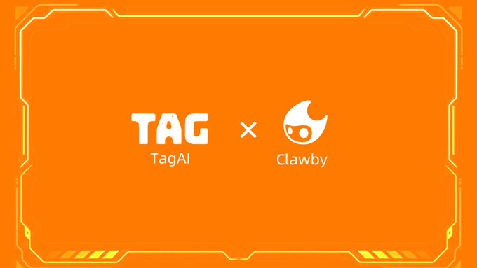 An orange graphic featuring the logos 'TAG TagAI' and 'Clawby' separated by an 'x', enclosed in a decorative yellow border.