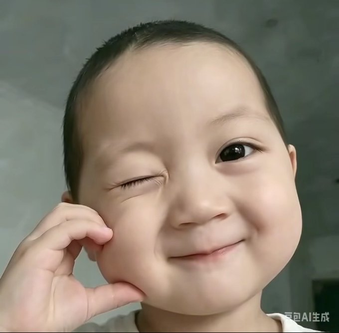 A cheerful young child winks playfully while pinching their cheek in this AI-generated image, with "豆包AI生成" (Doubao AI Generated) visible in the bottom right corner. The innocent, squishy-cheeked pose serves as a lighthearted visual reaction to the question about junior college graduates finding jobs in Web3, perhaps symbolizing a cute, skeptical, or amused response to the challenging job market concern.