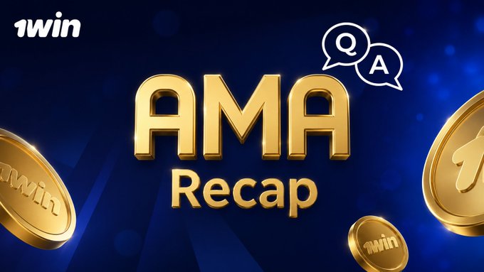 A promotional banner for '1win' featuring large gold 'AMA Recup' (Recap) text alongside gold coins bearing the 1win logo on a dark blue background.