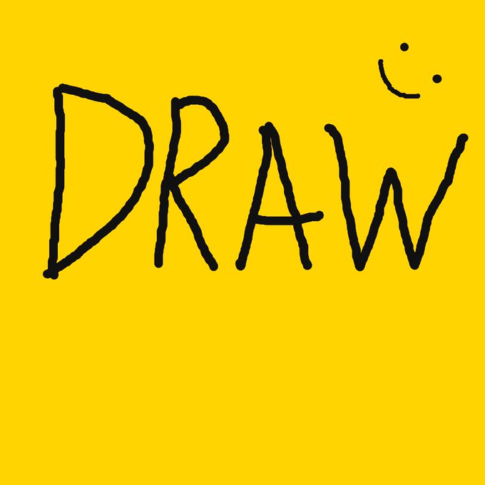 A bright yellow graphic with the word "DRAW" in large hand-drawn black letters and a small smiley face doodle in the corner.