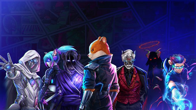 The image features a group of five people standing next to each other, all wearing costumes that resemble characters from a video game or comic book series. The person at the center has an orange and white animal head, while the others have different colored heads as well. The background is dark blue with purple lines, giving it a unique and artistic appearance. The post about abstract art also includes a reference to the favorite abstract NFT of @Hamieverse, which is worth $PENGU.