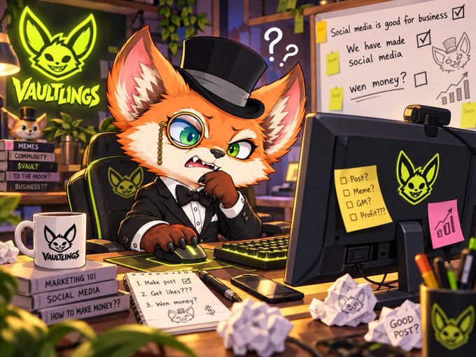 A colorful digital illustration of an anthropomorphic fox character wearing a top hat and monocle, sitting at a desk with a computer, surrounded by books and notes titled 'Vaultlings' with marketing-related text visible.